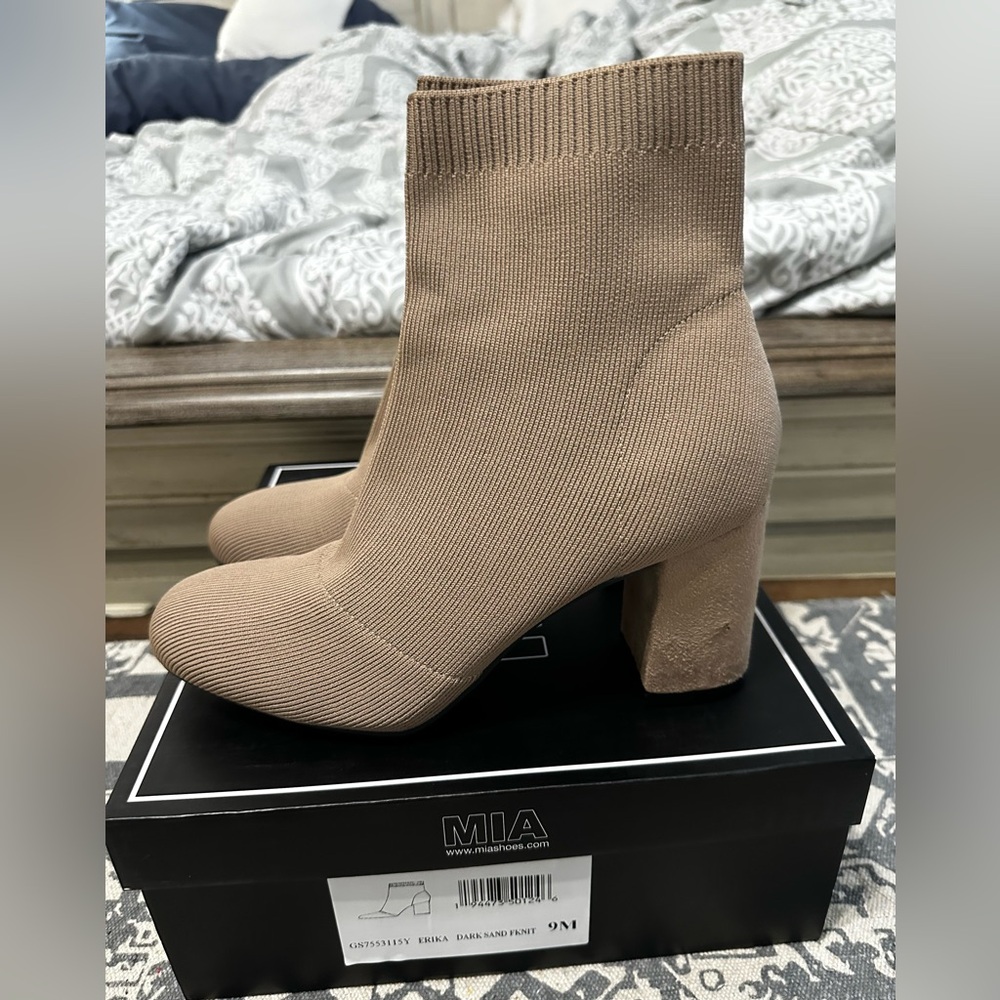 MIA size 9 Sock Booties.  Tan.  Suede heels. NWOT with Box.  Never Worn